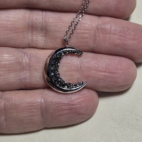 Silver Crescent Moon With Marcasite Pendant Necklace 15.25" With 2.25" Extender - Picture 1 of 3
